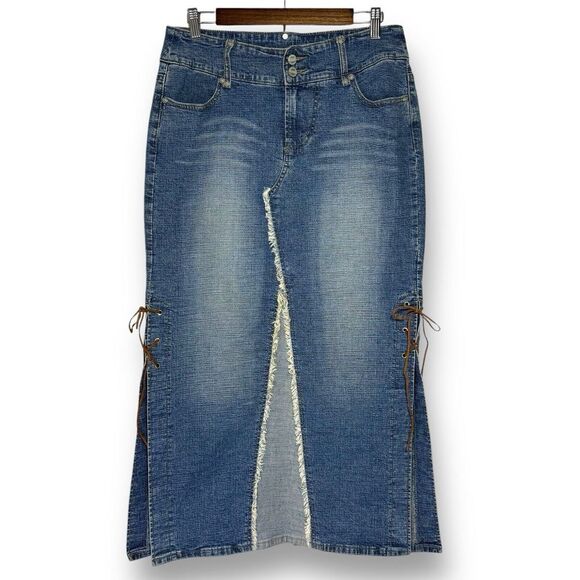Vintage Y2K Denim Midi Skirt XL Lace‎ Up Side Slit Vigoss London Blue Fringe - Picture 1 of 8